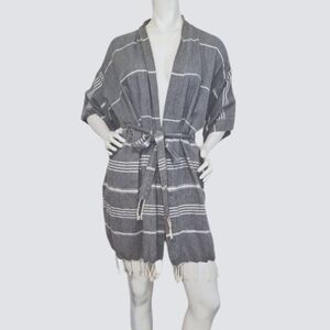 Gray Bohemian Coastal Striped Fringe Hem Belted Kimono Cardigan Size L